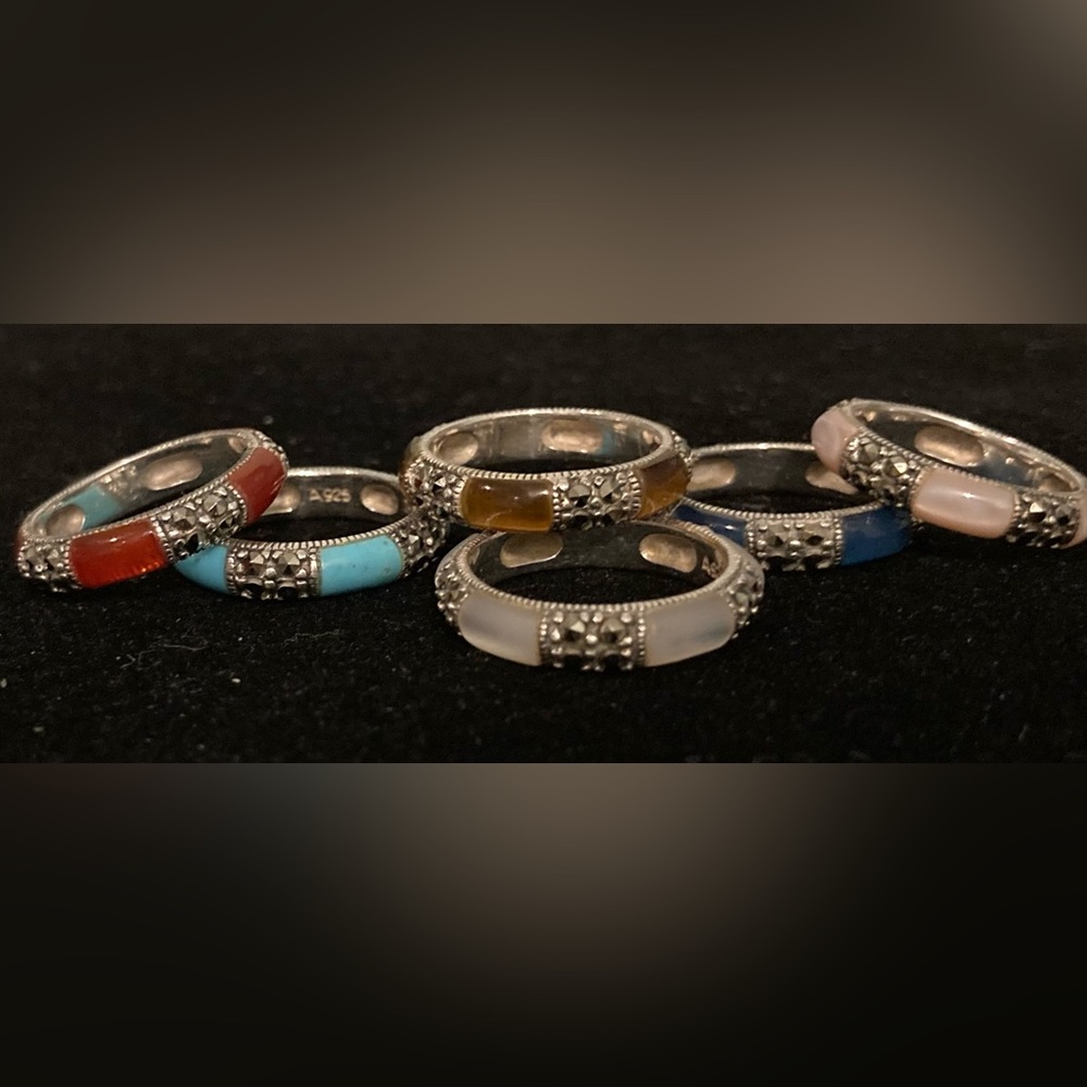 Set of 6 Sterling Silver Marcasite and Gemstone Inlay Band Rings - Picture 3 of 7